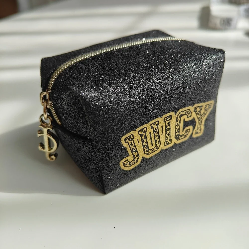 New Juicy Couture Black Glitter Bag Mini Micro Emergency Kit Everyday Essentials